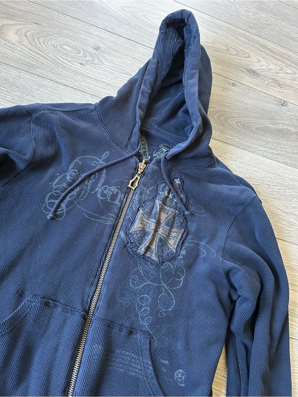 Monarchy Hoodie  Embroidered Grunge Y2K Reversible Navy Blue Size Large